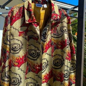 CHICO’S FLORAL MULTICOLOR METALLIC TAPESTRY JACKET GOLD RED BLACK Sz 2 E…